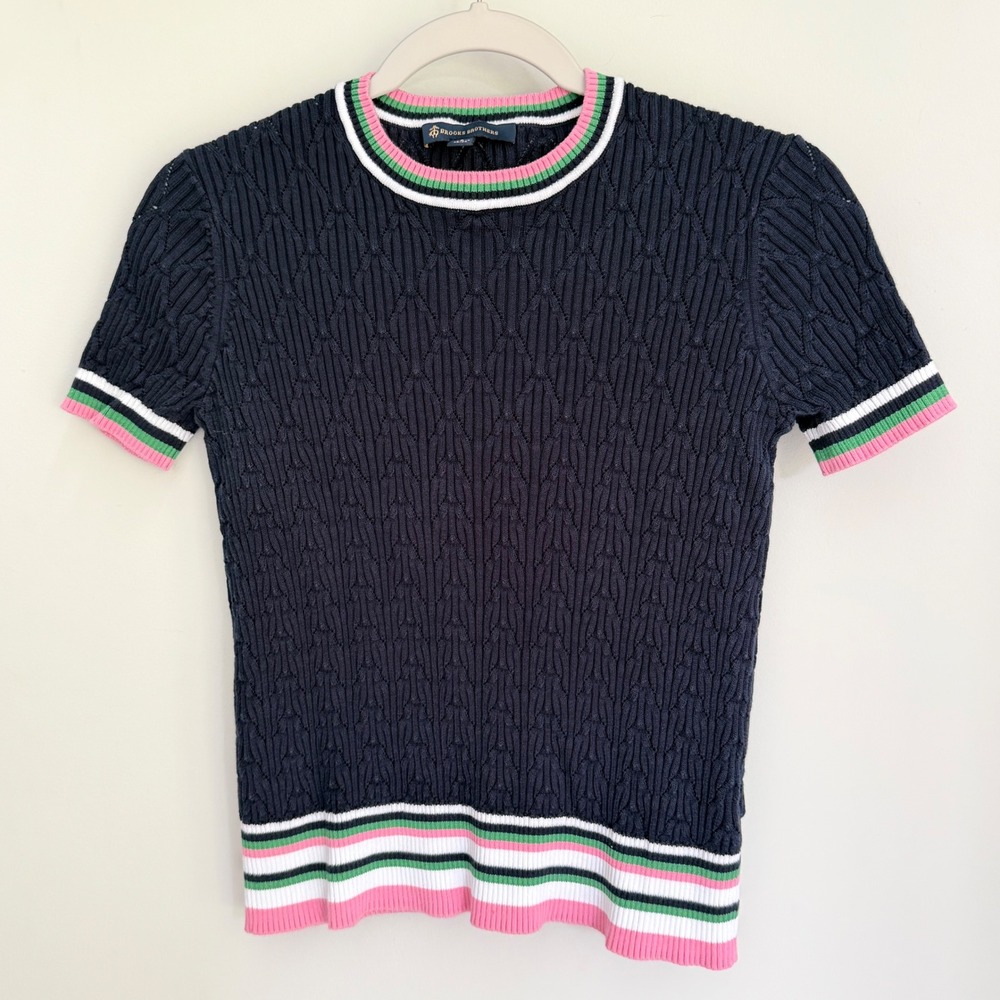 Brooks Brothers Sweater Blue Pointelle Knit Short Sleeve Pink Trim 100% Cotton S